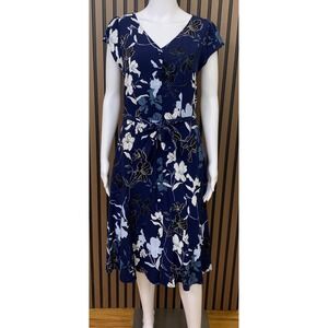 Talbots Petite Navy Blue Floral Viscose Midi Dress Button Front Tie Waist 6P